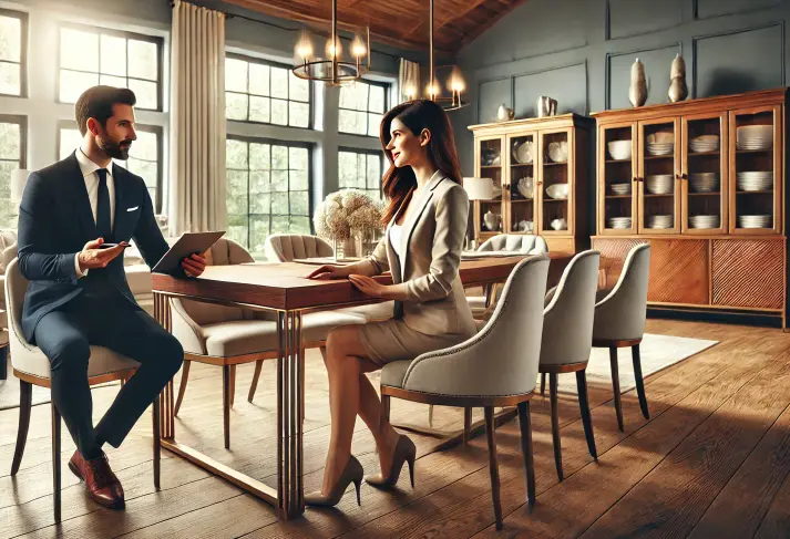 a men and women are discuss about dining room